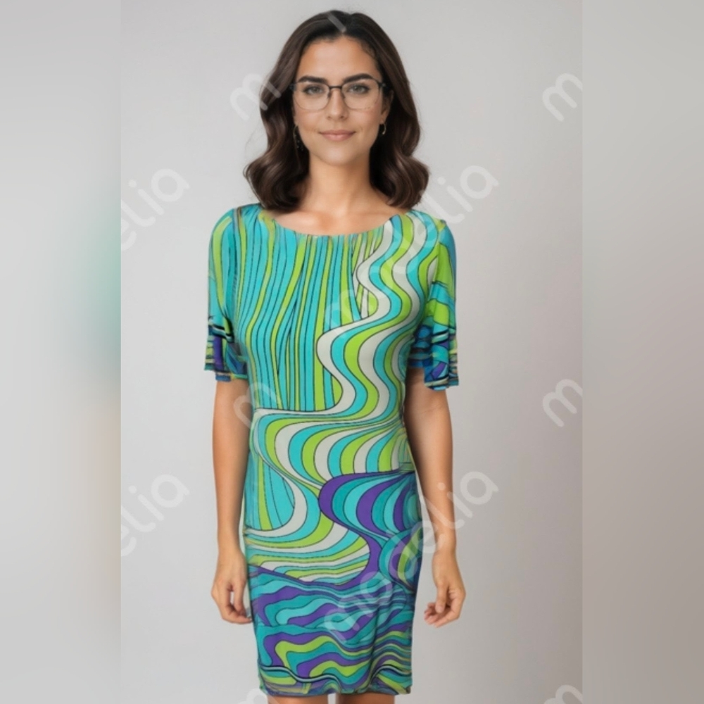Vibrant Multicolor Wavey Striped Retro Style Dress